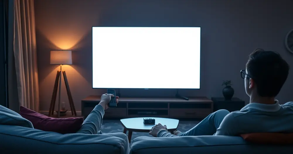 pessoa no sofá com controle apontado para televisão ligada na sala