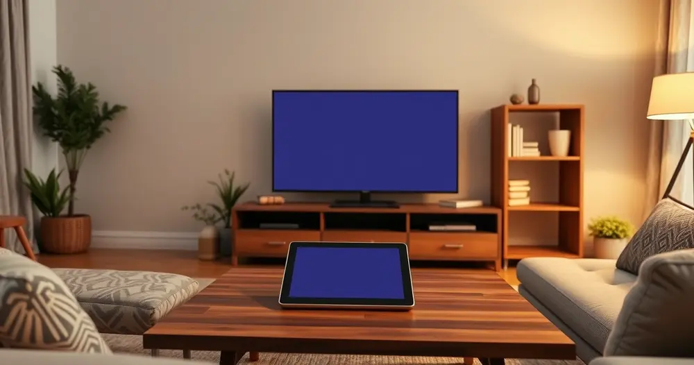 sala de estar com televisão e tablet sobre a mesa de centro