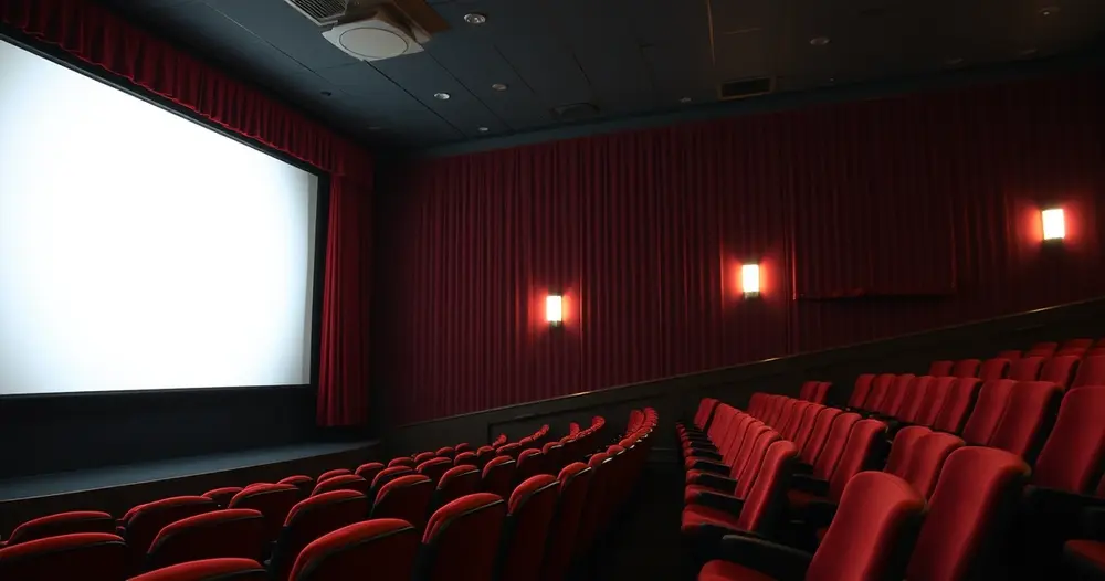 cinema antigo com poltronas vermelhas e tela iluminada