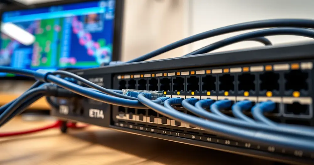 switch de rede com cabos ethernet e televisão ao fundo