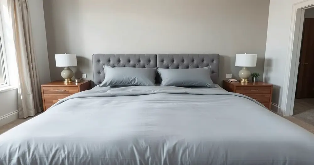 Cama muito larga com roupa de cama cinza em quarto espaçoso com dois criados-mudos, ângulo aberto