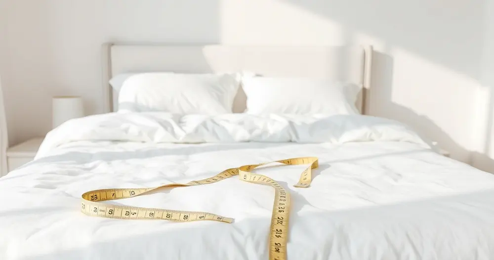 Cama arrumada com roupa de cama branca em quarto claro e minimalista com fita métrica sobre o colchão