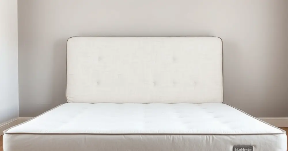 Colchão sem roupa de cama apoiado em pé contra a parede do quarto, com afundamento visível no centro