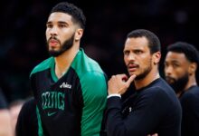 Boston Celtics head coach Joe Mazzulla and forward Jayson Tatum.