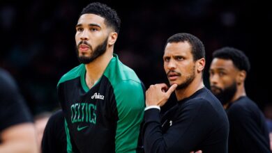 Boston Celtics head coach Joe Mazzulla and forward Jayson Tatum.