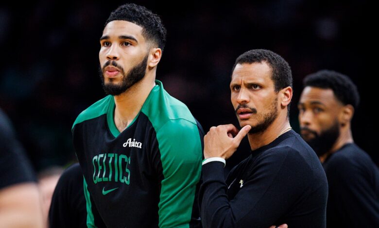 Boston Celtics head coach Joe Mazzulla and forward Jayson Tatum.