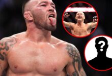 Main: Colby Covington gestures at Jorge Masvidal during their main event fight at UFC 272. Top inset: Paddy Pimblett enters the UFC Octagon for his...