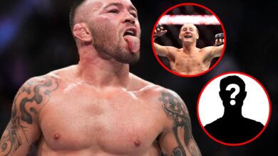 Main: Colby Covington gestures at Jorge Masvidal during their main event fight at UFC 272. Top inset: Paddy Pimblett enters the UFC Octagon for his...
