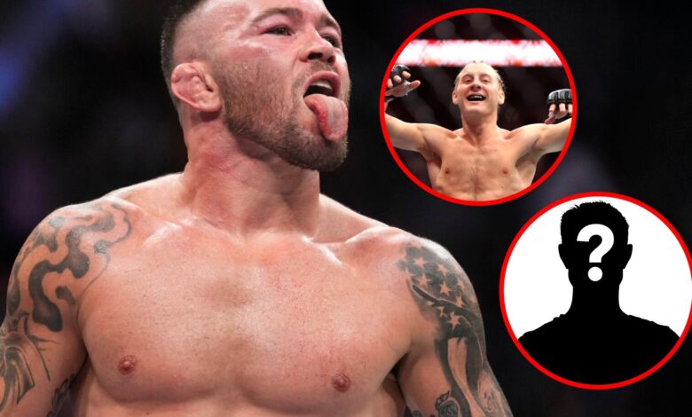Main: Colby Covington gestures at Jorge Masvidal during their main event fight at UFC 272. Top inset: Paddy Pimblett enters the UFC Octagon for his...