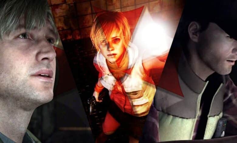 A Split Image Featuring Silent Hill Protagonists And The Umbrella Corp Logo.