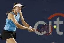 Jul 23, 2025; Washington, D.C., USA; Elena Rybakina (KAZ) hits a backhand against Victoria Mboko (CAN)(not pictured) in a women