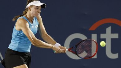 Jul 23, 2025; Washington, D.C., USA; Elena Rybakina (KAZ) hits a backhand against Victoria Mboko (CAN)(not pictured) in a women