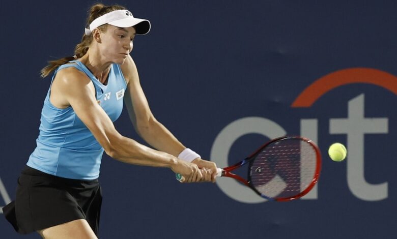 Jul 23, 2025; Washington, D.C., USA; Elena Rybakina (KAZ) hits a backhand against Victoria Mboko (CAN)(not pictured) in a women