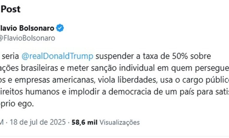 Após operação contra Bolsonaro, Flávio diz que seria 'justo' suspender tarifaço e 'meter' sanção individual
