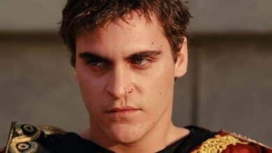 Close up of Commodus face that has some blood drips on it in Gladiator.