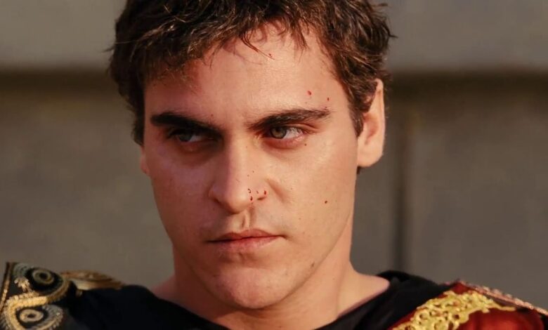 Close up of Commodus face that has some blood drips on it in Gladiator.