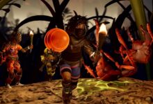 Three player characters from Grounded 2 creeping around at night. The kid up front is wearing parts of various bugs for armor and holding a torch. There's a dead Red Ant in the background.