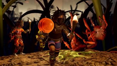Three player characters from Grounded 2 creeping around at night. The kid up front is wearing parts of various bugs for armor and holding a torch. There's a dead Red Ant in the background.