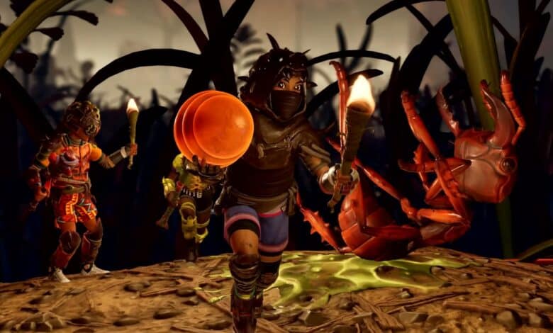 Three player characters from Grounded 2 creeping around at night. The kid up front is wearing parts of various bugs for armor and holding a torch. There's a dead Red Ant in the background.