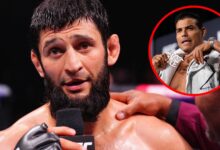 Khamzat Chimaev speaks after beating Robert Whittaker at UFC 308, inset Paulo Costa poses with his chain at the UFC 302 press conference