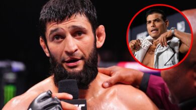 Khamzat Chimaev speaks after beating Robert Whittaker at UFC 308, inset Paulo Costa poses with his chain at the UFC 302 press conference