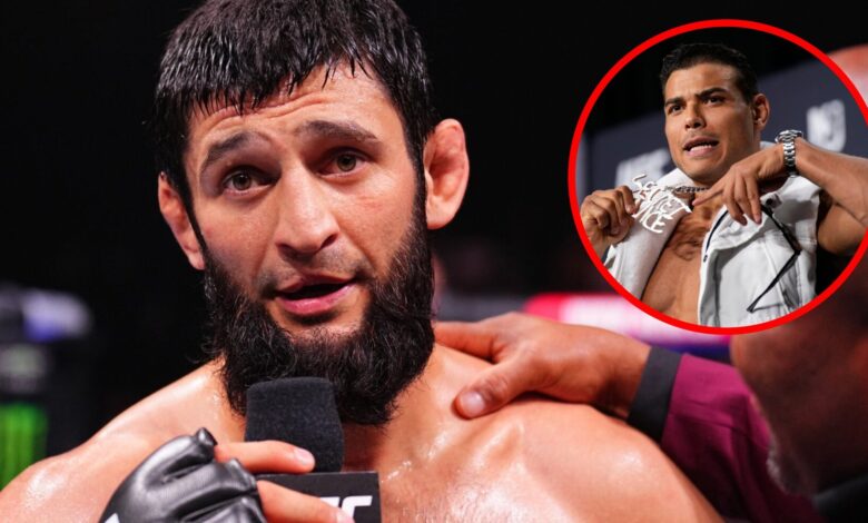 Khamzat Chimaev speaks after beating Robert Whittaker at UFC 308, inset Paulo Costa poses with his chain at the UFC 302 press conference
