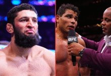 Khamzat Chimaev enters the Octagon for his fight at UFC 308, opposite Paulo Costa speaking to Daniel Cormier after his win at UFC 318
