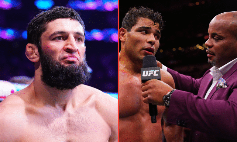 Khamzat Chimaev enters the Octagon for his fight at UFC 308, opposite Paulo Costa speaking to Daniel Cormier after his win at UFC 318