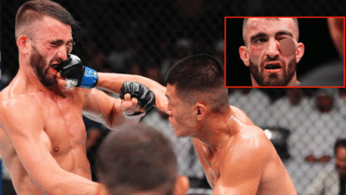 Steven Nguyen punches Mohammad Yahya during their fight at UFC Abu Dhabi, inset Yahya