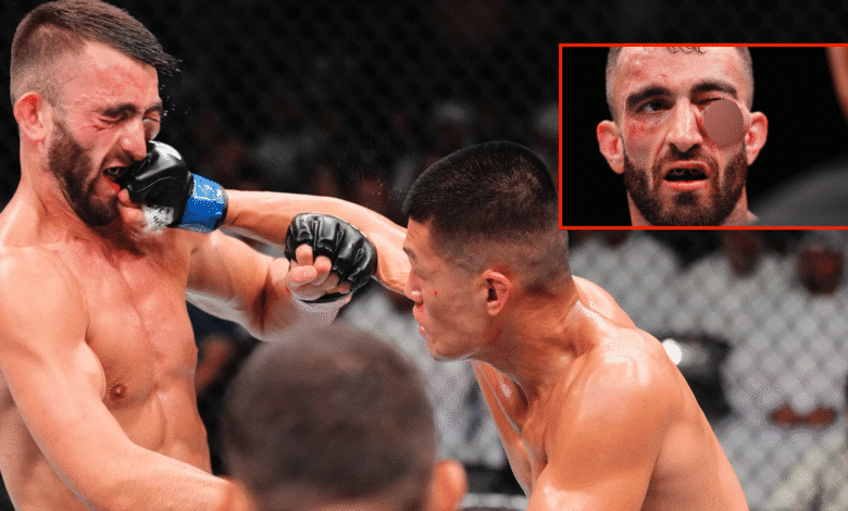 Steven Nguyen punches Mohammad Yahya during their fight at UFC Abu Dhabi, inset Yahya