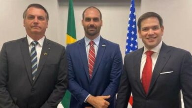 Jair Bolsonaro, Eduardo Bolsonaro e Marco Rubio em foto de 2020