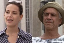 Paula é irônica com Assunção ao encontrá-lo na praia em História de Amor