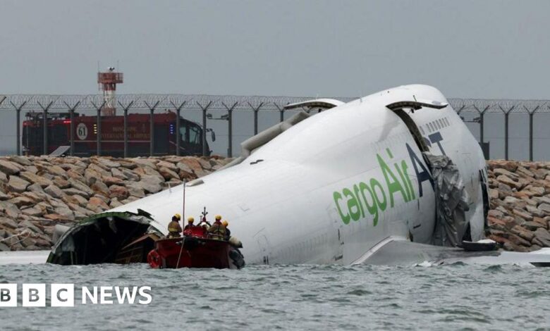 Emirates cargo plane skids off runway into sea at Hong Kong International Airport