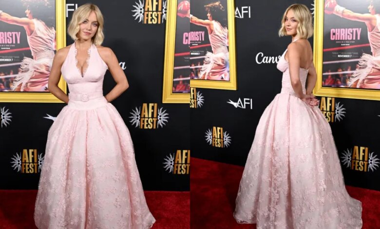 On Saturday, Sydney Sweeney wore a pastel pink custom Miu Miu look at the