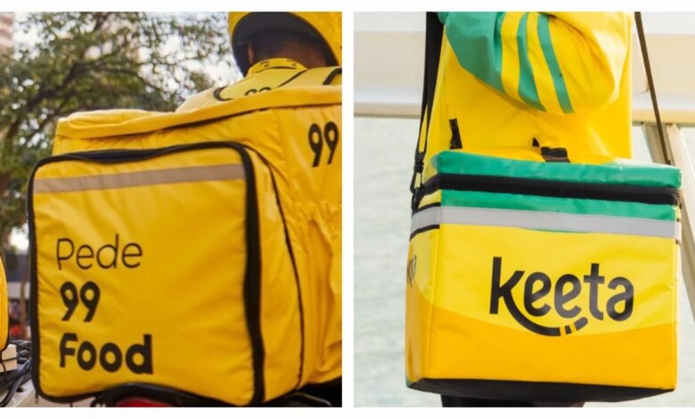 Montagem com fotografias de entregadores de delivery da 99Food e Keeta