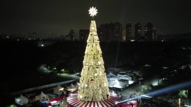 Árvore de Natal gigante decorada com luzes douradas e estrela no topo, situada em praça com tenda vermelha e branca na base. Multidão observa e circula ao redor durante a noite, com prédios ao fundo e iluminação pontual no ambiente.