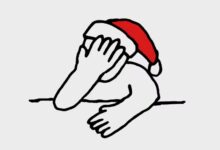 An illustration showing a person in a Santa hat with their face in their hand, suggesting embarrassment or distress
