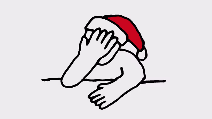 An illustration showing a person in a Santa hat with their face in their hand, suggesting embarrassment or distress