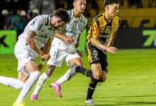 Piquerez e Riquelme Fillipi perseguem Tavinho na partida entre Novorizontino x Palmeiras