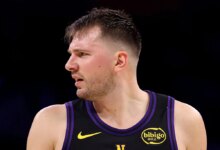 LOS ANGELES, CALIFORNIA - JANUARY 02: Luka Doncic #77 of the Los Angeles Lakers reacts after a play during the first quarter against the Memphis Grizzlies at Crypto.com Arena on January 02, 2026 in Los Angeles, California. NOTE TO USER: User expressly acknowledges and agrees that, by downloading and or using this photograph, User is consenting to the terms and conditions of the Getty Images License Agreement. (Photo by Katelyn Mulcahy/Getty Images)