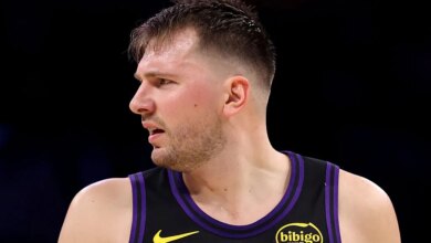 LOS ANGELES, CALIFORNIA - JANUARY 02: Luka Doncic #77 of the Los Angeles Lakers reacts after a play during the first quarter against the Memphis Grizzlies at Crypto.com Arena on January 02, 2026 in Los Angeles, California. NOTE TO USER: User expressly acknowledges and agrees that, by downloading and or using this photograph, User is consenting to the terms and conditions of the Getty Images License Agreement. (Photo by Katelyn Mulcahy/Getty Images)