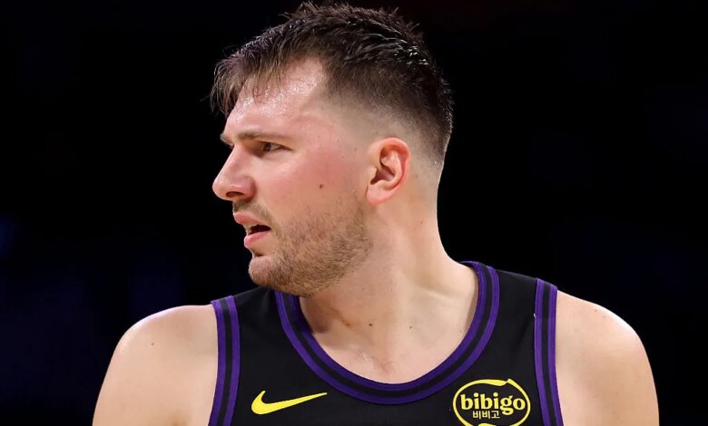 LOS ANGELES, CALIFORNIA - JANUARY 02: Luka Doncic #77 of the Los Angeles Lakers reacts after a play during the first quarter against the Memphis Grizzlies at Crypto.com Arena on January 02, 2026 in Los Angeles, California. NOTE TO USER: User expressly acknowledges and agrees that, by downloading and or using this photograph, User is consenting to the terms and conditions of the Getty Images License Agreement. (Photo by Katelyn Mulcahy/Getty Images)