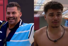 Montagem de Henri Castelli sorrindo e Pedro chateado no BBB 26, ambos sem olhar para a câmera